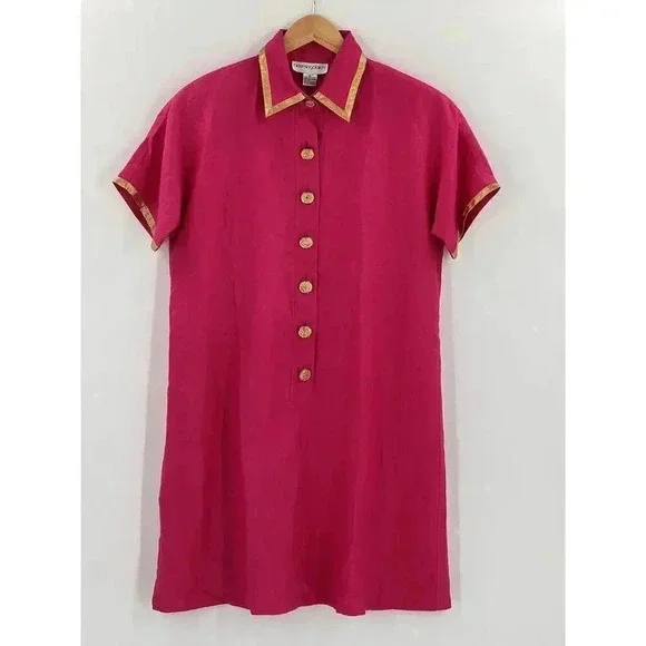Vintage 80'S "DALLAS" Bloomingdales Women's LINEN Dress Gold Accents Size  10 EUC